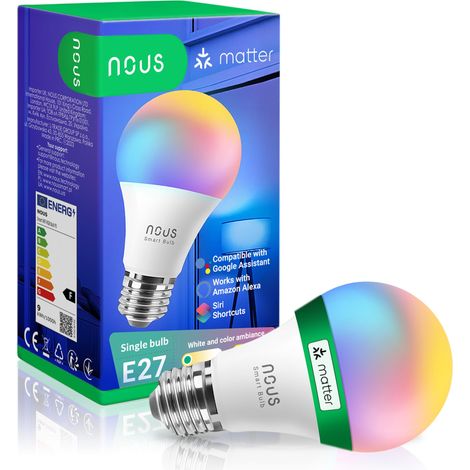 NOUS E27 RGB Matter Ampoule Connectee, LED WiFi Dimmable Couleur Ampoules Intelligente Avec Telecommande App, Compatible avec Alexa, Google Home, Home Assistant, Tuya Smart Life (1/5)
