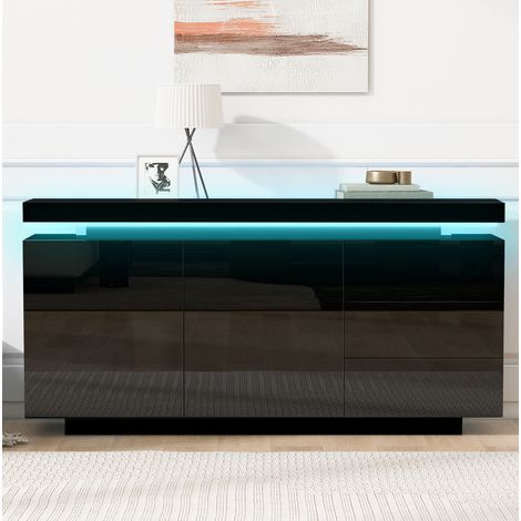Aparador LED (140x38x72 cm), 2 puertas y 3 cajones, acabado brillo, control por app, tablero de partículas, negro (1/5)