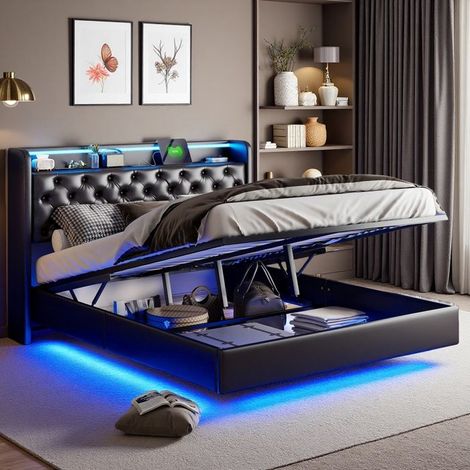 Cama doble 160x200 - Cofre con función de elevación - LED RGB - USB-C - Diseño chic negro (1/5)