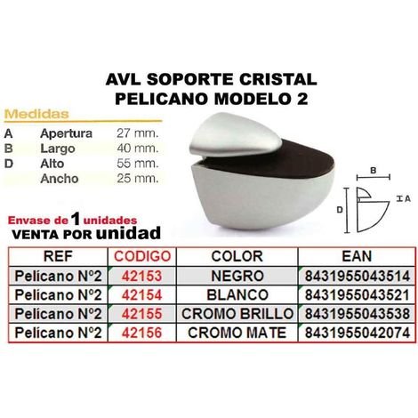 Soporte de cristal Pelicano cromo mate modelo 2 precio por unidad