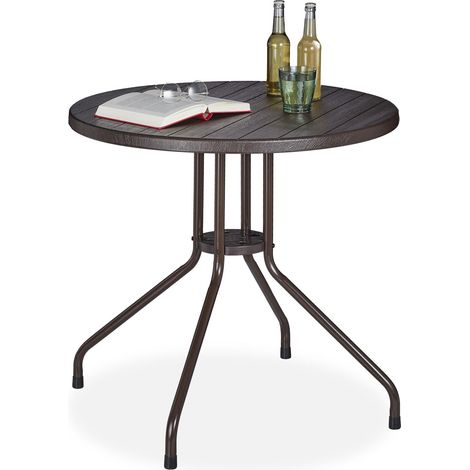 Relaxdays Gartentisch, Holz-Optik, runder Outdoortisch, Kunststoff, Metall, robust, Balkontisch, HxD: 75 x 80 cm, braun