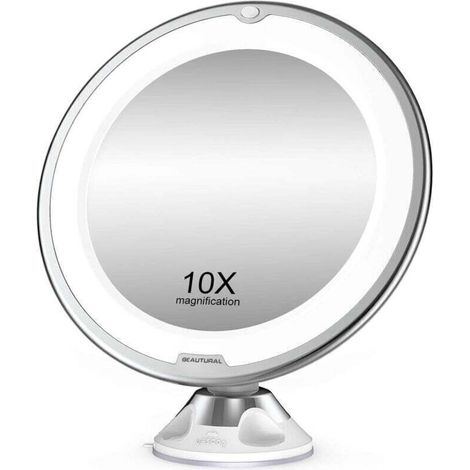 Grossissant Miroir Maquillage 10x avec Lumières LED 1 Joint à Bille d'attache Ajustable à 360° Miroir Cosmétique Portable, pour Salle de Bain, Voyage (1/4)