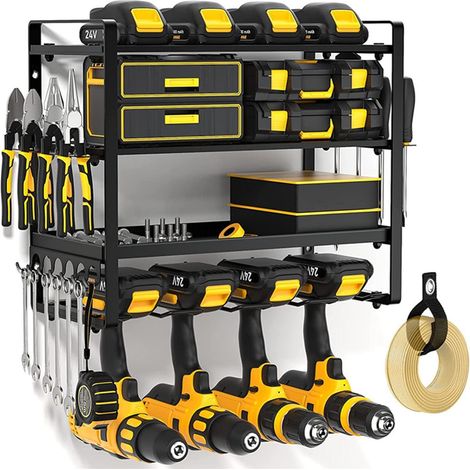 Wandmontierter Werkzeughalter für 4 Elektrowerkzeuge, 4-stufiger Werkzeugorganizer für Werkstatt, Garage oder Lagerraum, robustes Wand-Werkzeugregal