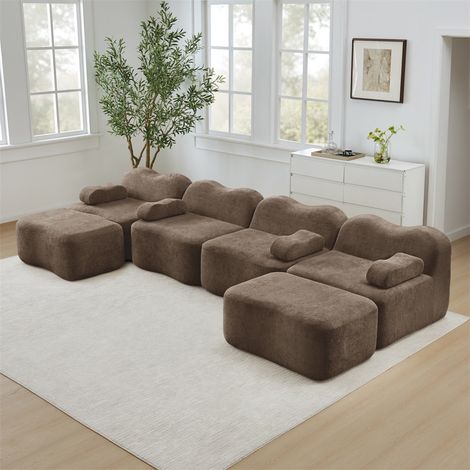 Canapé Modulaire en U 4 Places avec 2 Ottomans - 384x167x70cm - Mousse 32D Haute Densité et Design Ondulé en Velours - Marron (1/5)