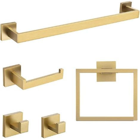 Lot de 5 Barres Porte-Serviettes en Acier Inoxydable avec Anneau Porte-Serviettes et Porte-Manteau pour Salle de Bain. Doré (1/5)