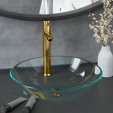 Waschbecken mit Wasserhahn und Ablaufgarnitur aus gehärtetem