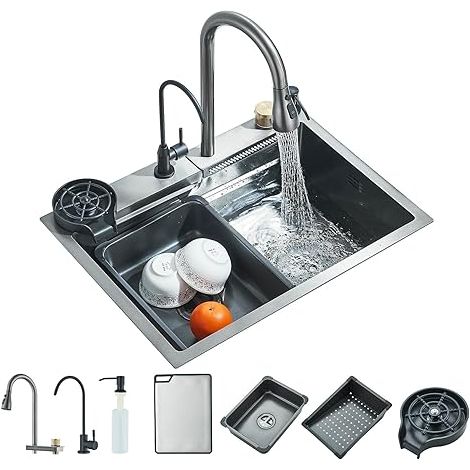 Évier de cuisine multifonction en acier inoxydable avec lave-vaisselle et distributeur de savon (60 x 45 cm), gris plomb, robinet amovible, eau pure (1/5)