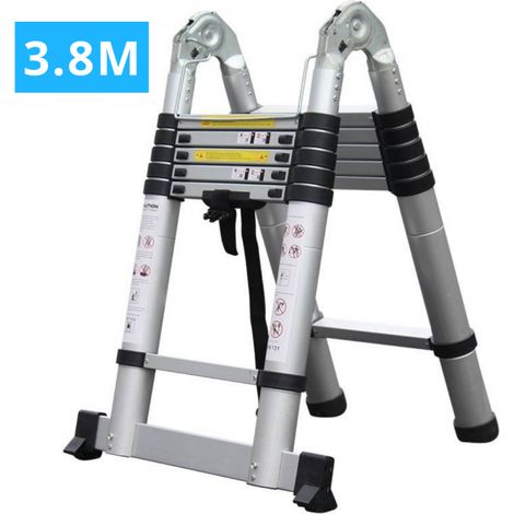Secury-T – Échelle télescopique double aluminium 2x6 marches H 3,8 m – Charge maximale 150 kg – Pliable et légère – Antidérapante pour sécurité