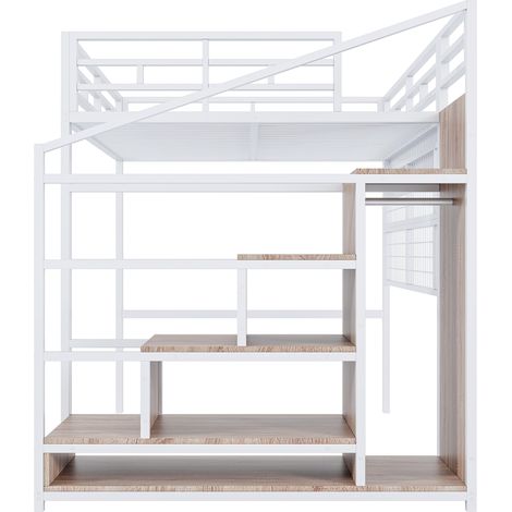 Letto a soppalco 140 x 200 cm in metallo bianco con scala contenitore e LED (1/5)