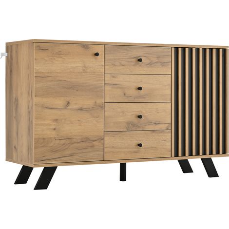 Buffet 120 cm bois, 4 tiroirs, 2 portes, pieds bois massif (1/5)