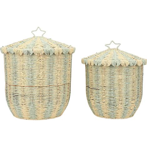 2 PCS Panier à linge en rotin, Green grand panier en rotin de petite taille Boîtes décoratives avec couvercle, panier de jouets tissé vintage pour l'organisation des vêtements (1/5)