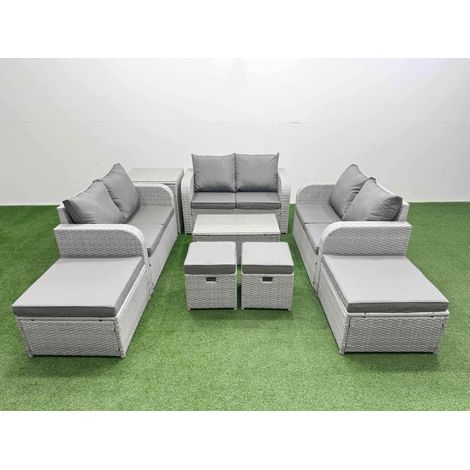 Fimous 9 PCs Rectangular Coffee Table Set Reclining Chair Inclining Sofa Love Sofa 2 Big Footstool 2 Small Stool Side Table Light Grey (1/4)