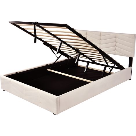 Letto imbottito 140 x 200 cm con rete a doghe e testiera regolabile, velluto beige HOMVRA (1/5)