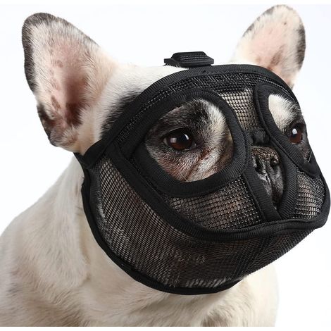 Muselière pour chien — Muselière en maille respirante pour chiens à museau plat (bouledogues français, shih tzus, carlins) — Empêche de mordre, de mâcher et de lécher (noir, taille M) (1/4)