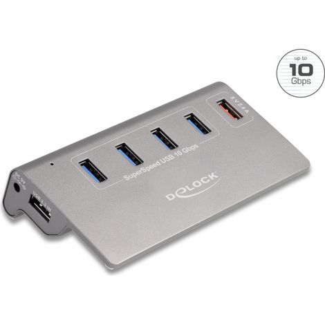 Delock Concentrador USB 10 Gbps con 4 puertos USB Tipo-A + 1 puerto de carga rÃ¡pida, incluida la fuente de alimentaciÃ³n