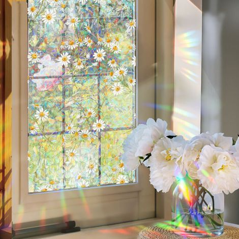 Film de Confidentialité Arc en Ciel pour Fenêtre 100x43cm Protection Solaire Résistant aux UV Statique 3D Petite Marguerite Non Adhésif Autocollant Décoratif pour Fenêtre pour Chambre (1/4)