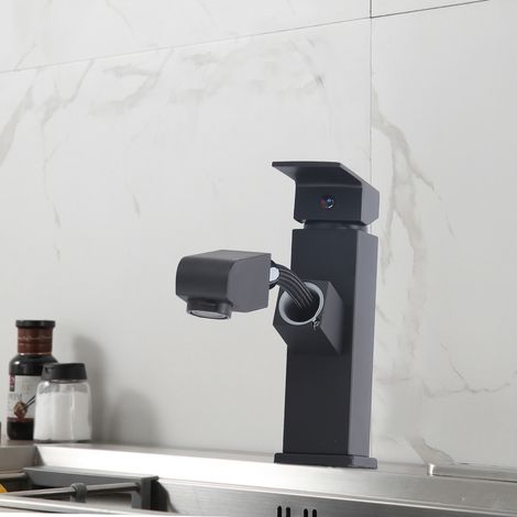 Grifo de lavabo con rociador extraíble G1/2, negro, cobre puro, accesorios sanitarios, fácil instalación, mezclador de agua fría/caliente (1/5)