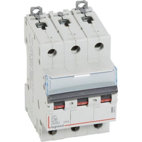 Disjoncteur DX³6000 10kA arrivée haute et départ bas à vis 3P 400 - 6A - courbe D - pour peigne HX³ traditionnel - LEGRAND