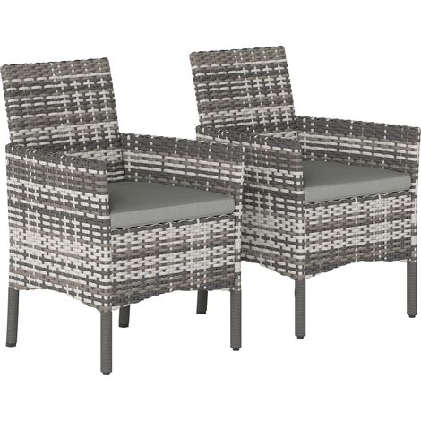 Ensemble de 2 chaises de jardin en rotin et acier avec coussins, accoudoirs et dossier haut, 58 x 62 x 87 cm, gris (1/5)