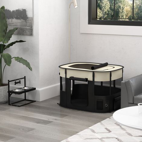 Parque infantil plegable para perros, gatos y animales pequeños, fabricado en tela Oxford con espacio de almacenamiento, 94 x 74 x 60 cm, color crema y negro.