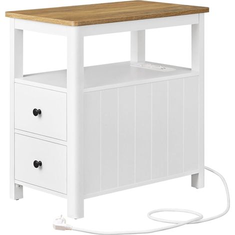 Tavolino laterale con multipresa comodino con 2 cassetti tavolino da caffè piccolo 60 x 35 x 60 cm con ripiano portaoggetti per piccoli spazi bianco 120007553