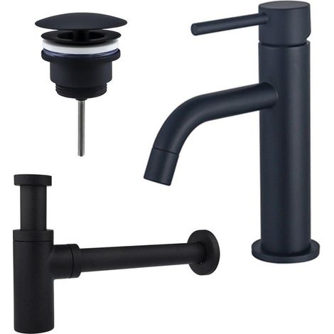 Fortifura Calvi Slim Kit mitigeur lavabo - robinet bas - bonde nonobturable - siphon design - Noir mat