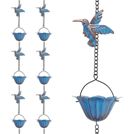 Chaîne de pluie décorative de 2,4 m, chaîne de pluie en métal bleu vintage avec 8 colibris et 7 tasses pour système de drainage de gouttière extérieur décoratif (1/5)