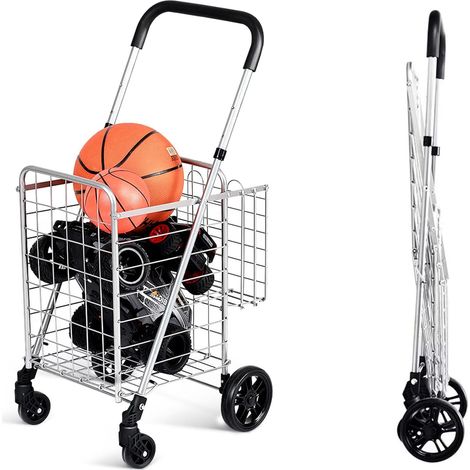 COSTWAY Chariot de Courses 4 Roues avec Structure en Métal Anti-Rouille, Caddie de Courses Pliable avec Poignée Confortable, Chariot à roulettes 83L Capacité Charge 35kg (1/5)