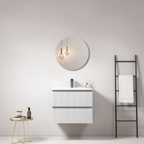 Mobile bagno sospeso cannettato 60 cm Bianco Lavabo in Ceramica Specchio Tondo - Fiji Paint