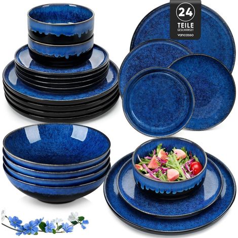24-teiliges Geschirrset für 6 Personen, Steingut, blau, modern, inkl. Speise-, Dessert-, Suppenteller & Müslischalen (1/5)