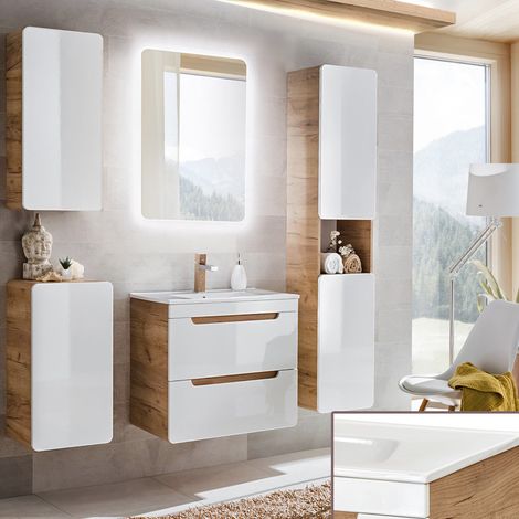 Badezimmermöbel Set Hochglanz weiß mit Wotan Eiche Nb. LUTON-56 61 cm Keramik Waschtisch & LED-Spiegel, B/H/T ca. 160/200/46 cm (1/5)