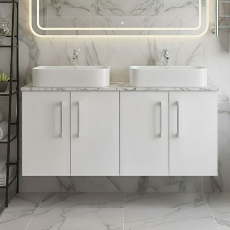 Nuie Arno Wall Hung 4-Door Vanity Unit with Carrera Marble Worktop 1200mm Wide - Gloss White (1/5)