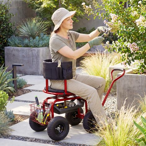 Siège de jardin roulant rouge en métal avec assise réglable et pivotante à 360 et rangements pour jardin potager et garage (1/5)