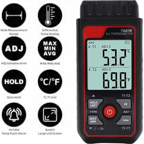 Digitales Zweikanal-Thermoelement-Thermometer mit K/J-Typ, hintergrundbeleuchtetem LCD-Display, Alarmfunktion und einstellbarer Kompensation (1/5)