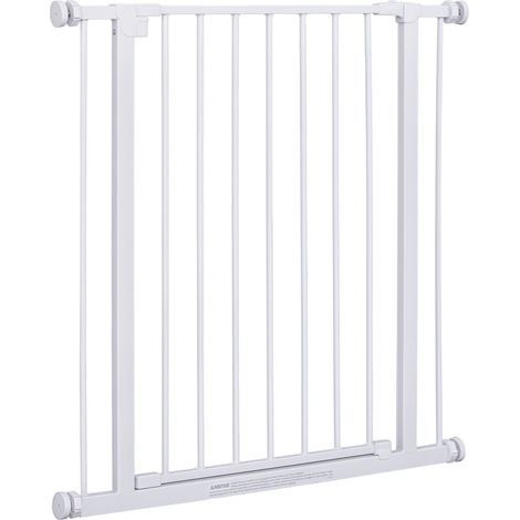 Barrière de sécurité extensible pour animaux de compagnie. Installation facile grâce à ses fixations par pression. Acier robuste avec revêtement en poudre blanc. Dimensions : 76 x 76-82 cm. (1/5)