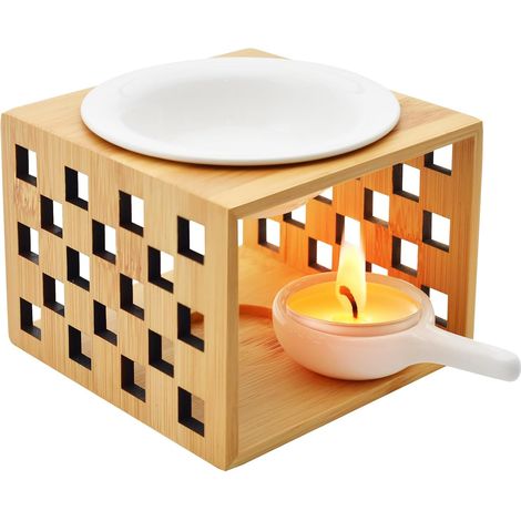 Brûleur à Huile, Brûle Parfum en Céramique et Bambou Brûleur d’Huiles pour Bougies, Fondants Parfumés et Cires Essentielle Lampe Parfumé avec Bougeoir pour Maison, Bureau, Spa, Yoga