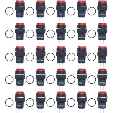 Bouton poussoir lumineux 12V rouge 16mm rond, verrouillage auto-maintien momentané, 8 broches, lot de 25 pièces pour contrôle (1/5)