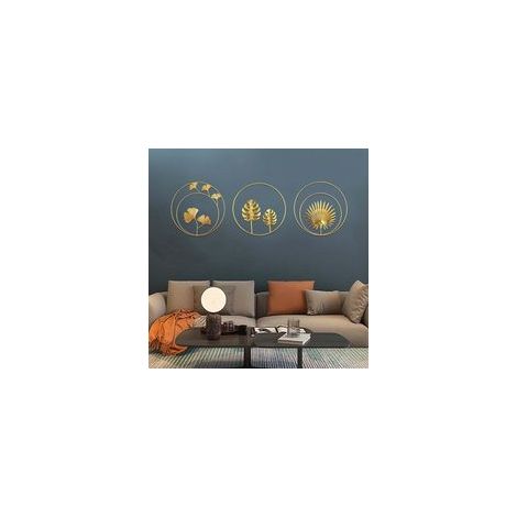 lot de 3 Sculptures Murales en Fer Métal Feuilles de ginkgo et palmier dorées - Décoration murale ronde pour maison, bureau, salon, hôtel (Tour) (Style A)