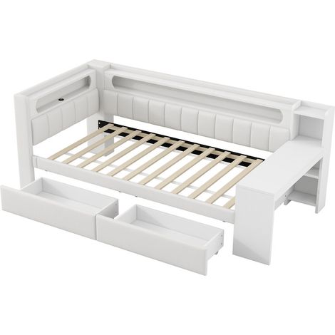 Canapé-lit rembourré 90x200 cm - avec ports USB et LED - avec bureau et 2 tiroirs - blanc(sans matelas)