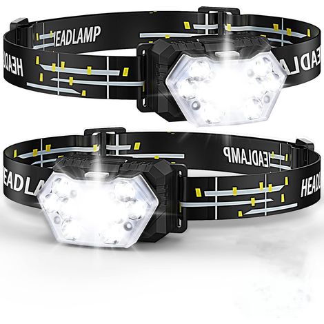 Lampe frontale LED (lot de 2), 2000 lumens, batterie intégrée, 6 modes d'éclairage réglables, étanchéité IPX5, adaptée aux enfants et aux adultes pour le camping, le jogging et la pêche (1/5)