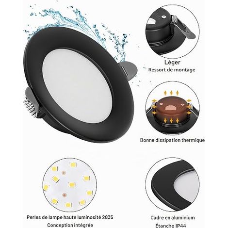 Spot LED Encastrable Extra Plat 7W 700LM,Spots de plafond 2700K 4500K 6000K Réglable, spot salle de bain IP44, Rond Ultra Slim Downlight en métal (Noir) (1/4)