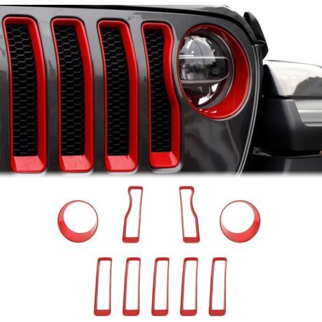 9 Stück für Wrangler JL Kühlergrill-Einsatz aus Mesh, Scheinwerferabdeckung, Zierleiste für Jeep Wrangler JL JLU 2018-2022, rotes Außenzubehör. (1/5)