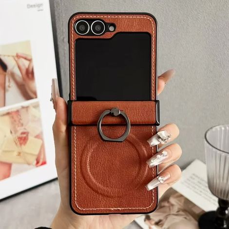 Étui de téléphone rétro en cuir grainé marron pour Galaxy Z Flip6 avec support à charnière magnétique