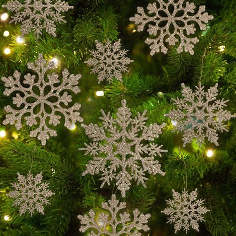 BEBUSINGOTO 36 Stück Weihnachts-Schneeflocken-Ornamente in Champagner-Gold, Kunststoff-Glitzer-Schneeflocken-Ornamente für den Winter, Weihnachtsbaumschmuck, Größe variiert, Basteln (1/4)