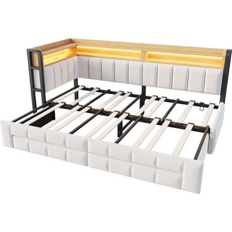 Gepolstertes Schlafsofa 90x200/180x200 Samt Beige mit Stauraum, LED, USB-C MODENUIT (1/5)