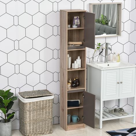 Mobile contenitore da bagno in stile accogliente, 30 x 24 x 170 cm, 2 ante, ripiano, 2 nicchie, rovere chiaro grigio.