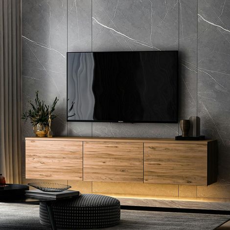 Meuble TV suspendu avec LED et caisson décor bois MARFA