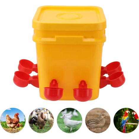 Bebedero automático de 12 litros para palomas con cubo y 8 vasos rojos para aves de corral, pavos, patos, pájaros y codornices. (1/5)