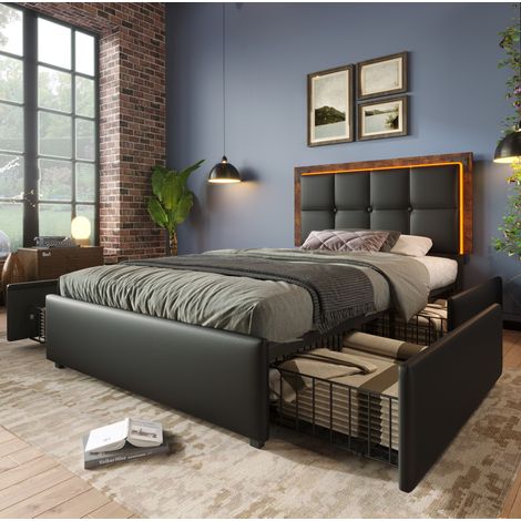 Lit rembourré moderne 90x200 cm avec LED, 4 tiroirs, tête de lit réglable, revêtement PU noir (1/5)