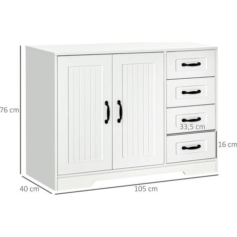 Credenza, cassettiera, comò, stile moderno, 4 cassetti, 1 armadietto, 105 cm x 40 cm x 76 cm, bianco